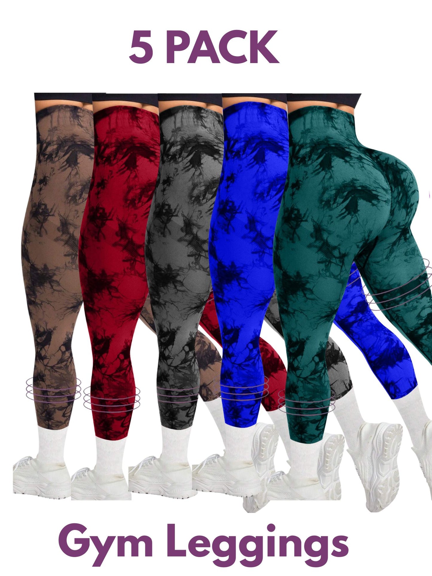 5 PK Women's High Waist Tummy Control Butt Lifting Tie Dye Gym and Regular Wear Leggings