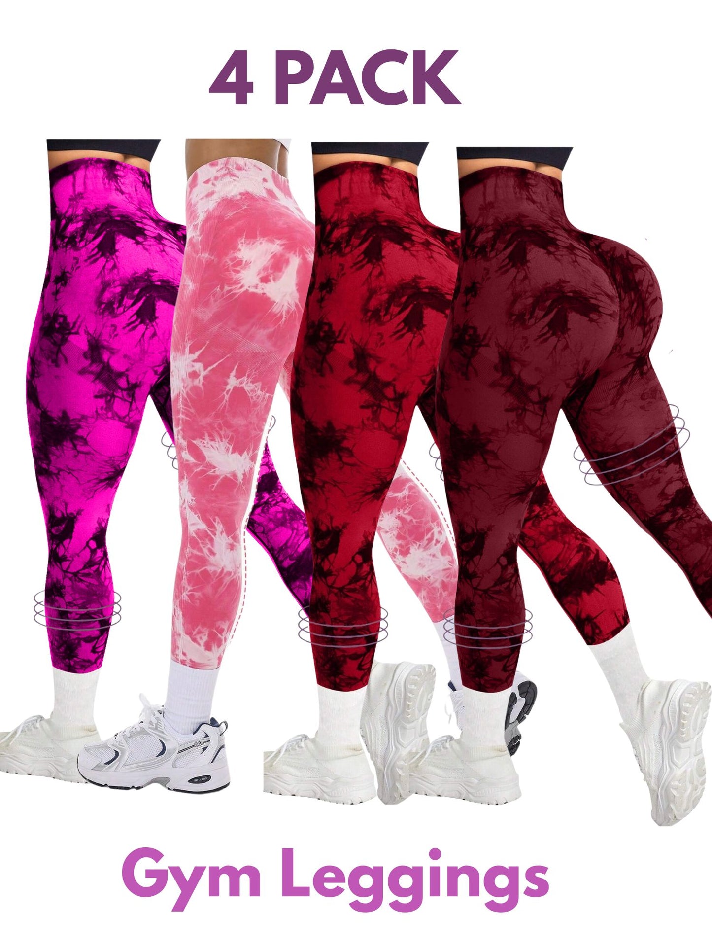 4 PK Women's High Waist Tummy Control Butt Lifting Tie Dye Gym and Regular Wear Leggings