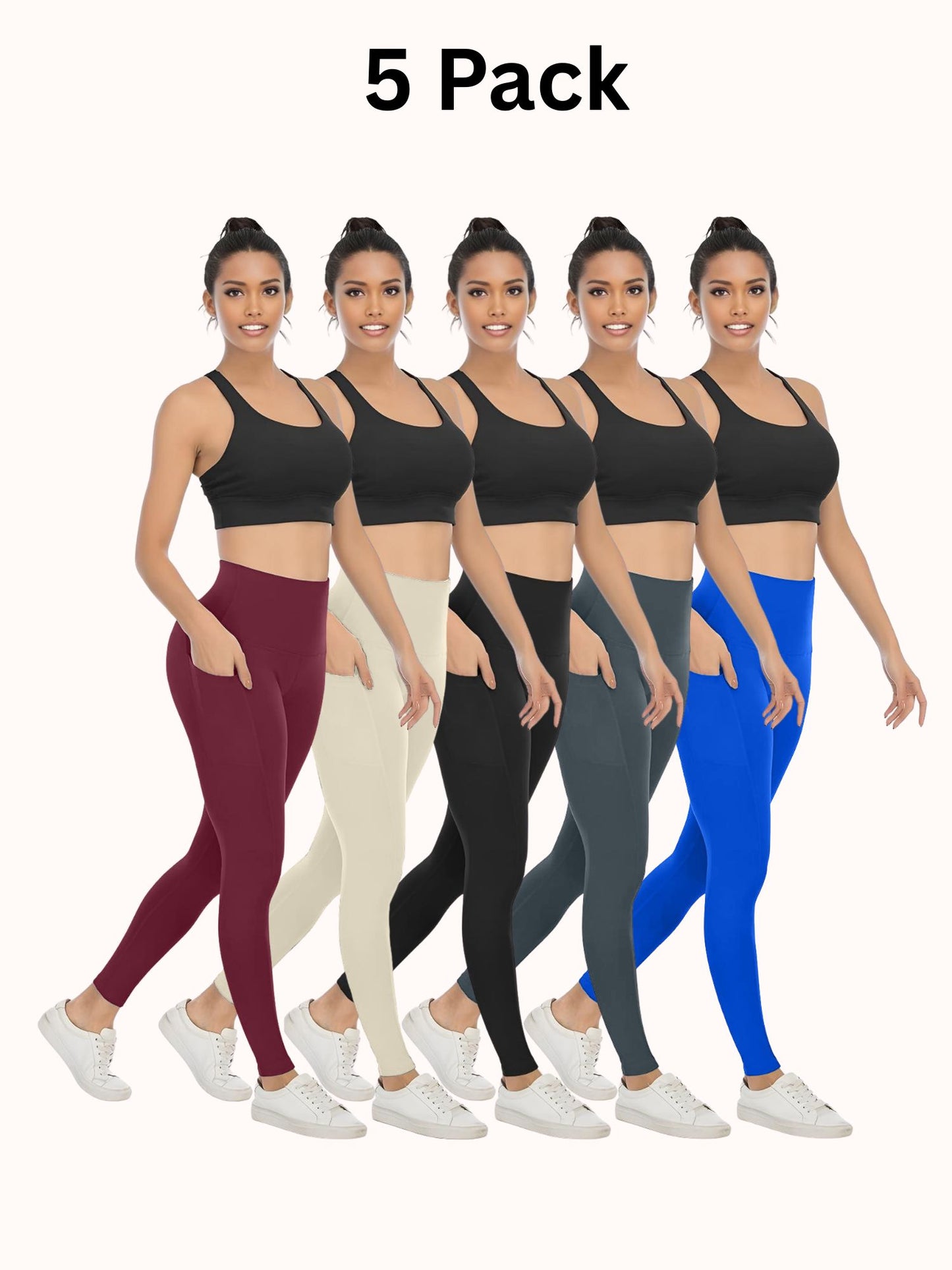 5 Pack Women's High Waisted Yoga Pants with Pockets, Ideal for Sports and Casual Clothing