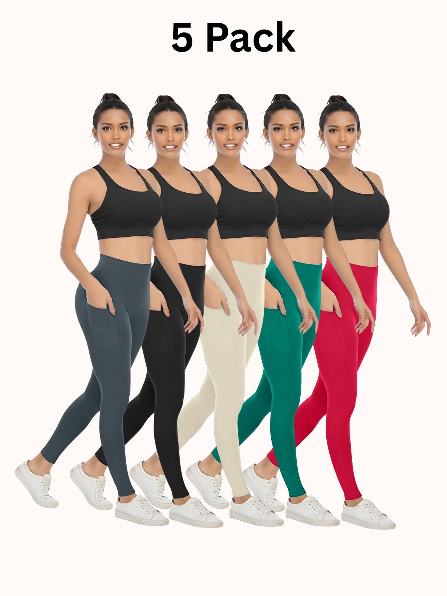 5 Pack Women's High Waisted Yoga Pants with Pockets, Ideal for Sports and Casual Clothing