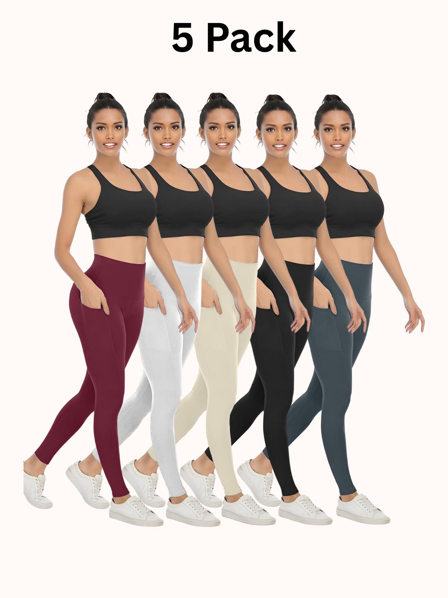 5 Pack Women's High Waisted Yoga Pants with Pockets, Ideal for Sports and Casual Clothing