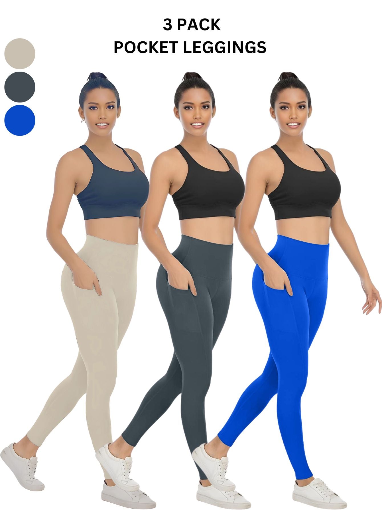 3 Pack Women's High Waisted Yoga Pants with Pockets, Ideal for Sports and Casual Clothing