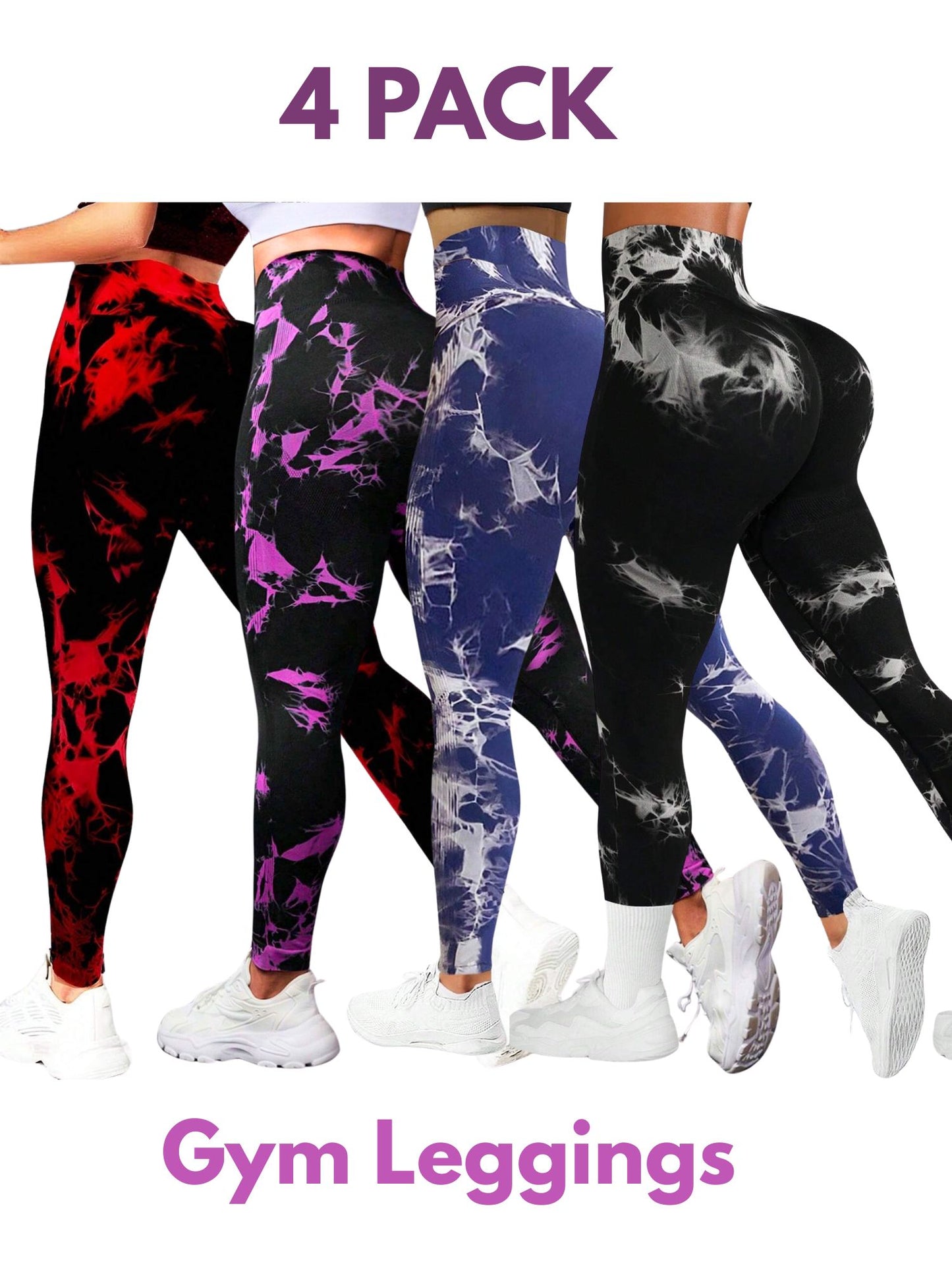 4 PK Women's High Waist Tummy Control Butt Lifting Tie Dye Gym and Regular Wear Leggings