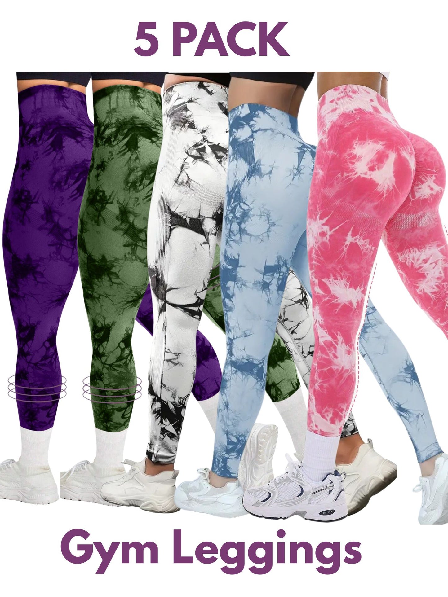5 PK Women's High Waist Tummy Control Butt Lifting Tie Dye Gym and Regular Wear Leggings