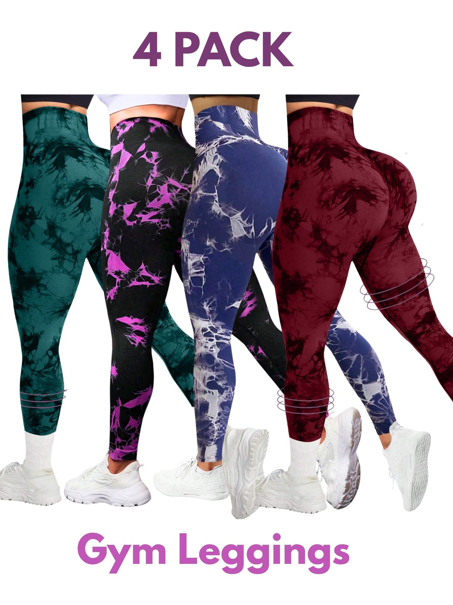 4 PK Women's High Waist Tummy Control Butt Lifting Tie Dye Gym and Regular Wear Leggings