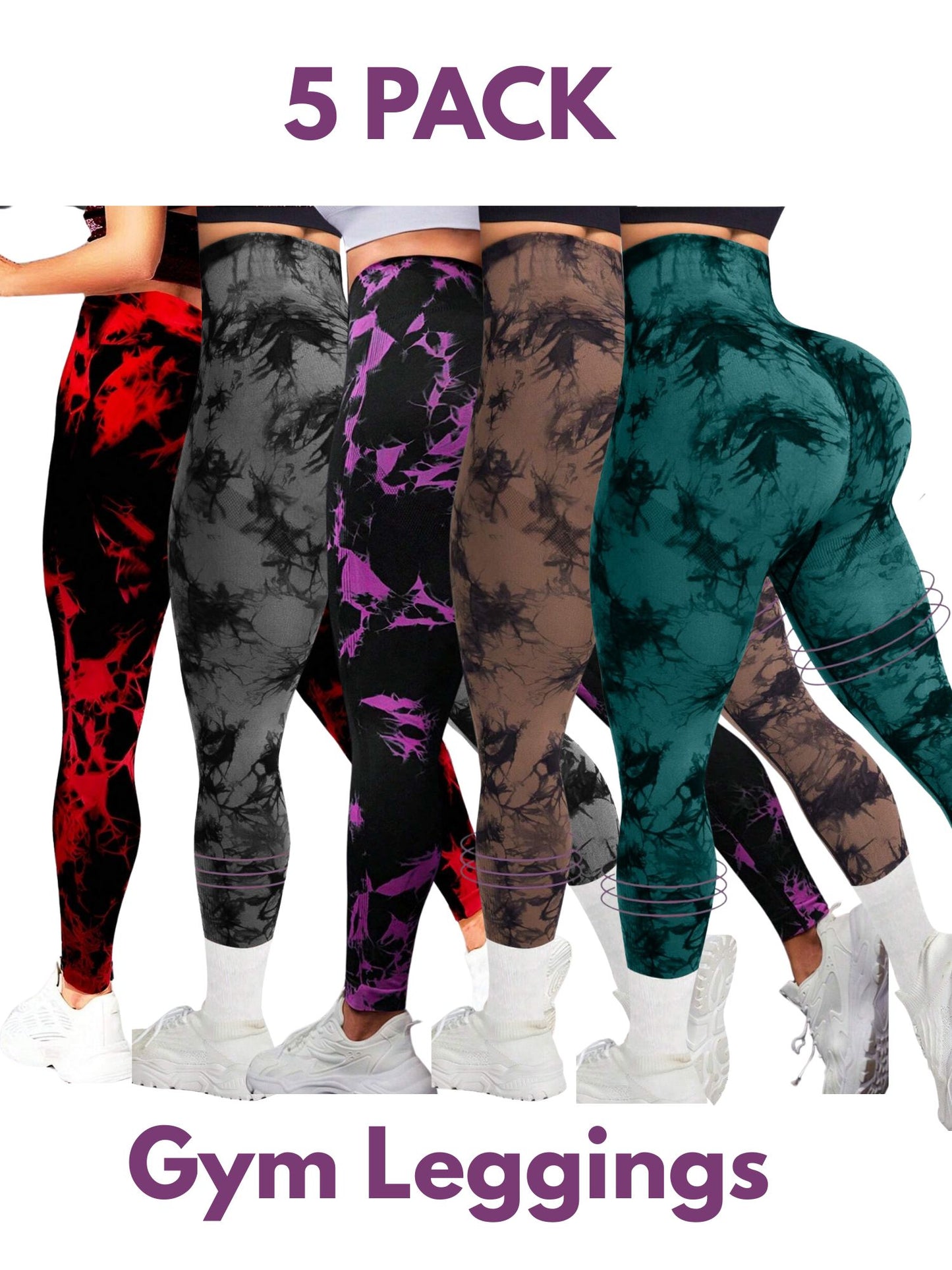 5 PK Women's High Waist Tummy Control Butt Lifting Tie Dye Gym and Regular Wear Leggings