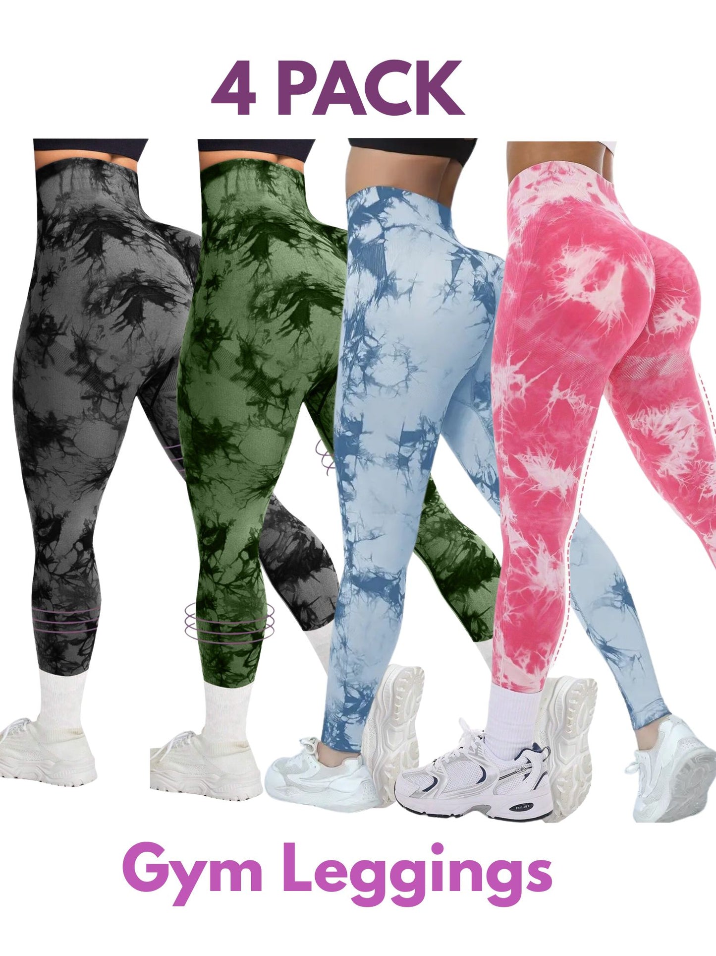 4 PK Women's High Waist Tummy Control Butt Lifting Tie Dye Gym and Regular Wear Leggings