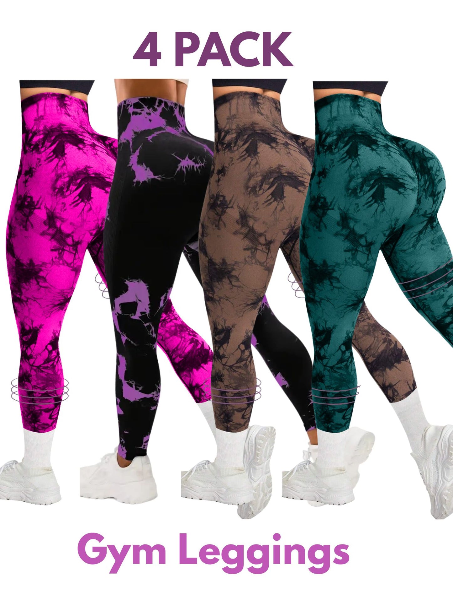 4 PK Women's High Waist Tummy Control Butt Lifting Tie Dye Gym and Regular Wear Leggings