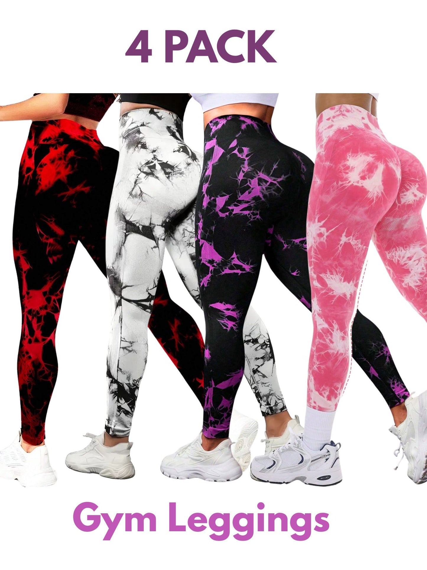 4 PK Women's High Waist Tummy Control Butt Lifting Tie Dye Gym and Regular Wear Leggings