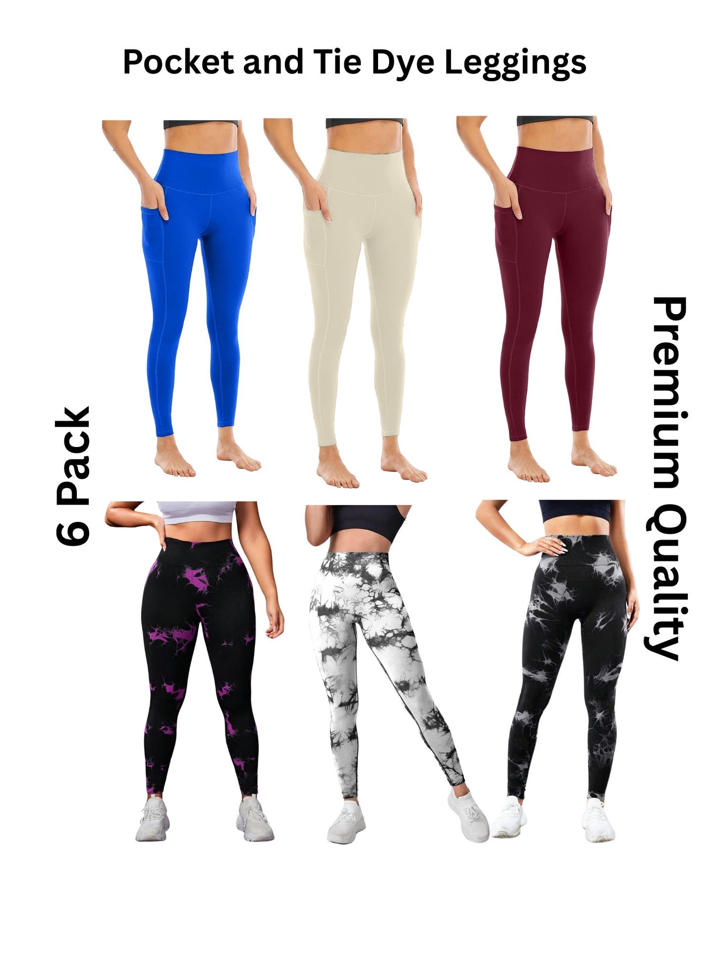 6 Pack Women's High Waisted Tie Dye and Pocket Leggings, Ideal for Sports and Casual Clothing