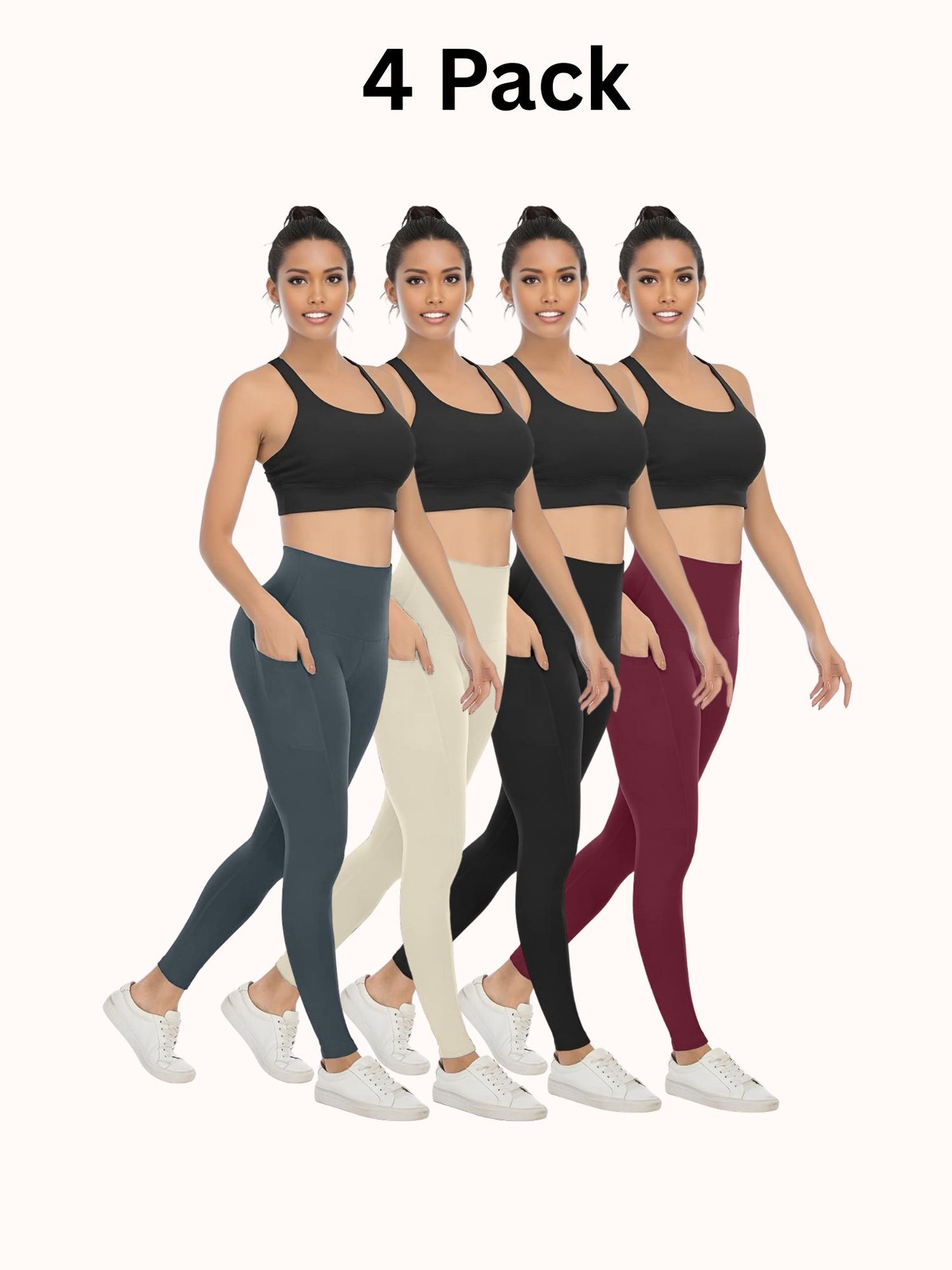 4 Pack Women's High Waisted Yoga Pants with Pockets, Ideal for Sports and Casual Clothing