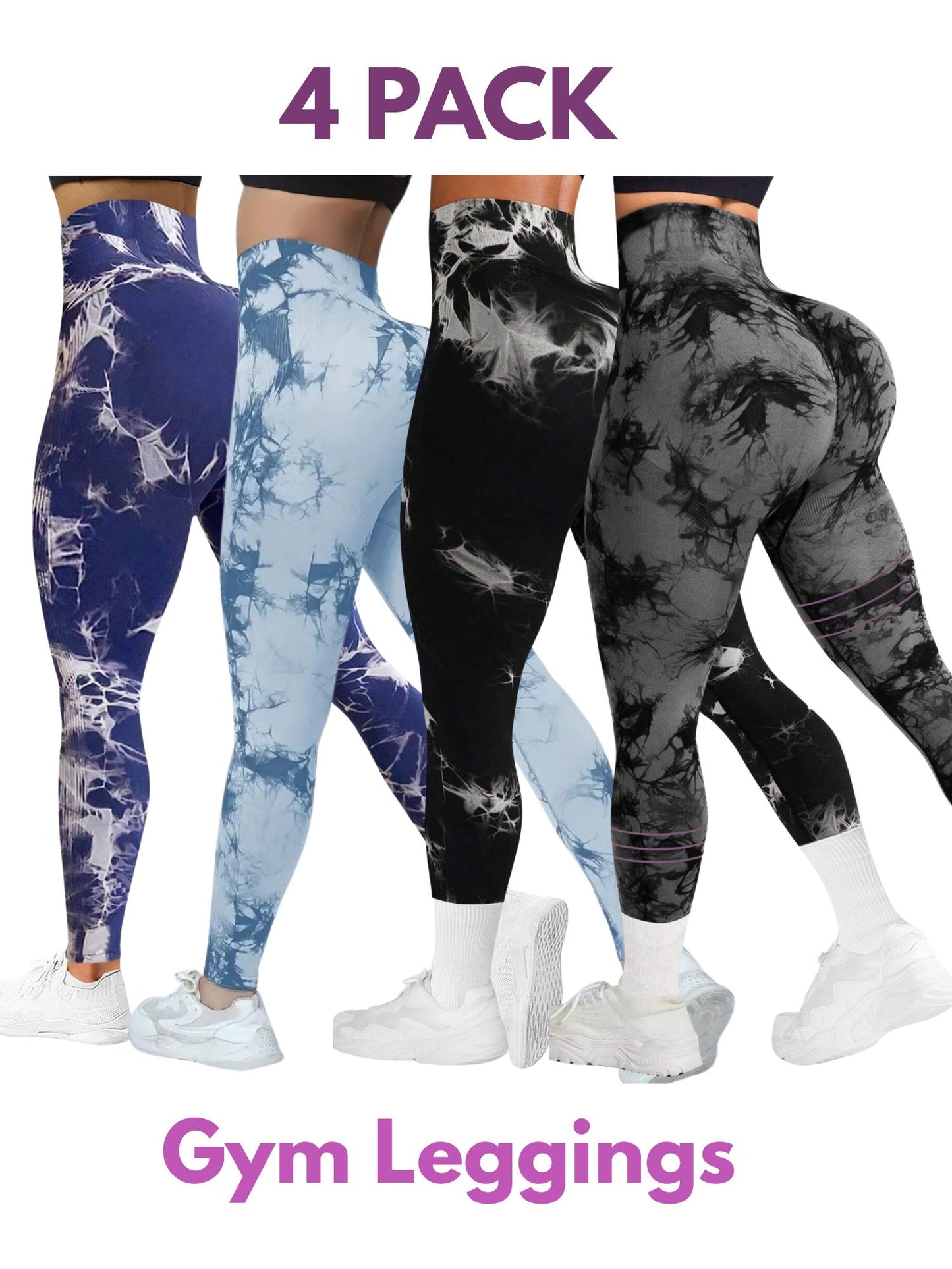 4 PK Women's High Waist Tummy Control Butt Lifting Tie Dye Gym and Regular Wear Leggings