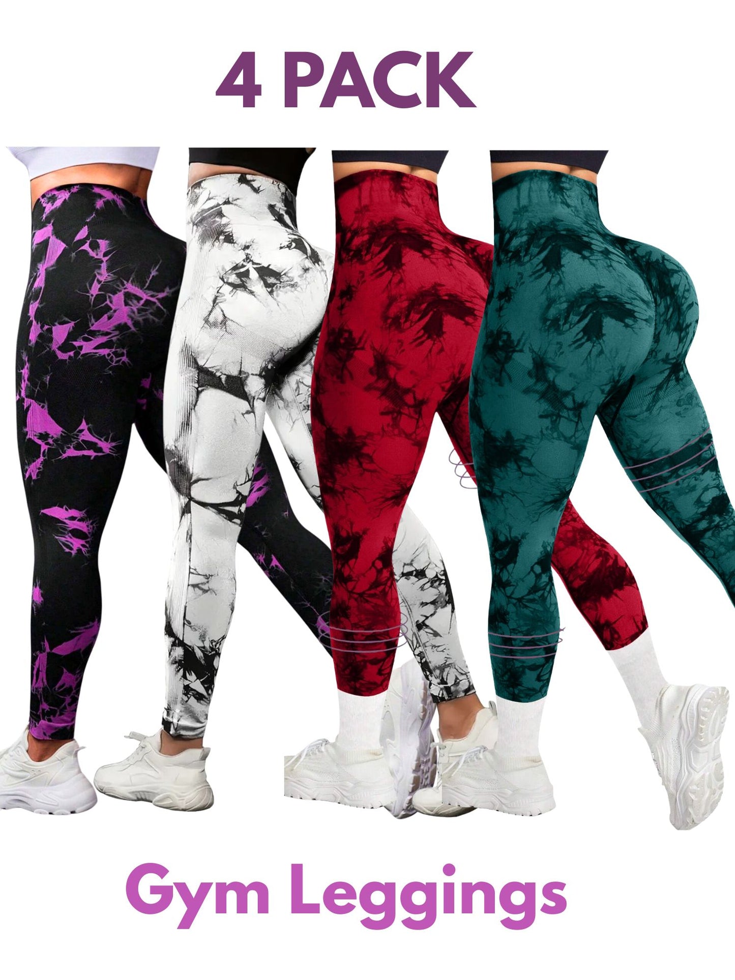 4 PK Women's High Waist Tummy Control Butt Lifting Tie Dye Gym and Regular Wear Leggings