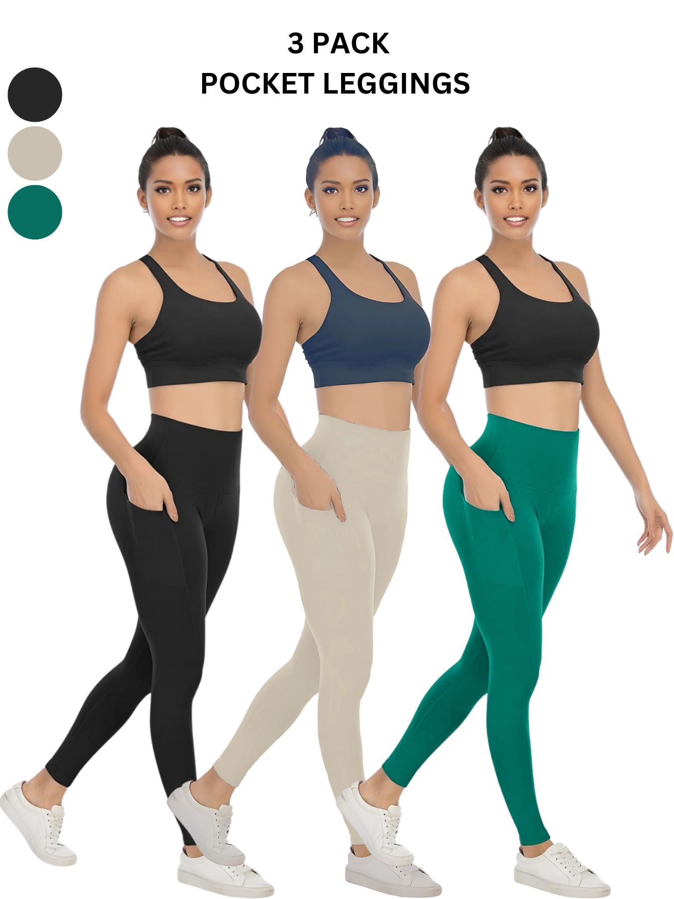 3 Pack Women's High Waisted Yoga Pants with Pockets, Ideal for Sports and Casual Clothing