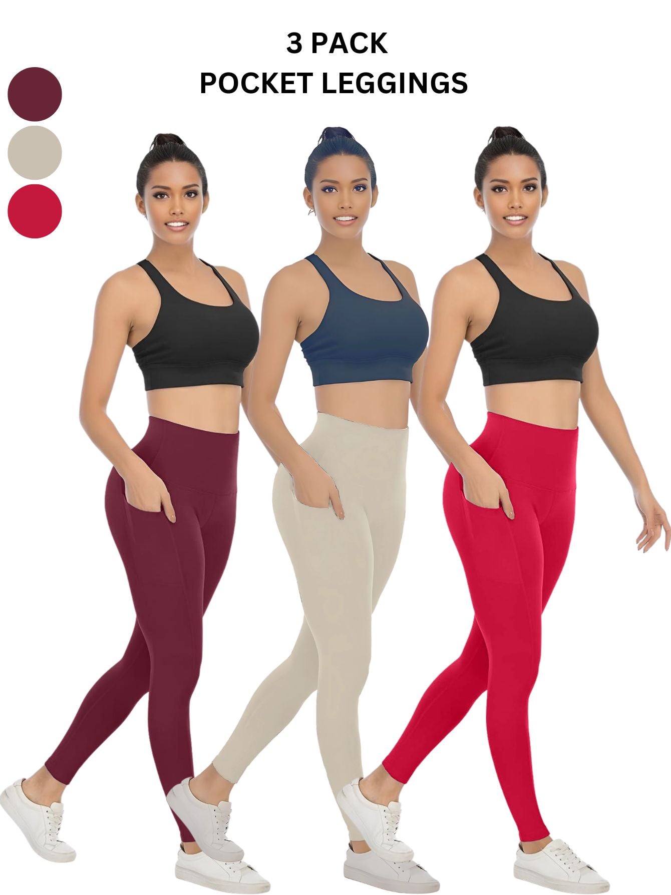 3 Pack Women's High Waisted Yoga Pants with Pockets, Ideal for Sports and Casual Clothing