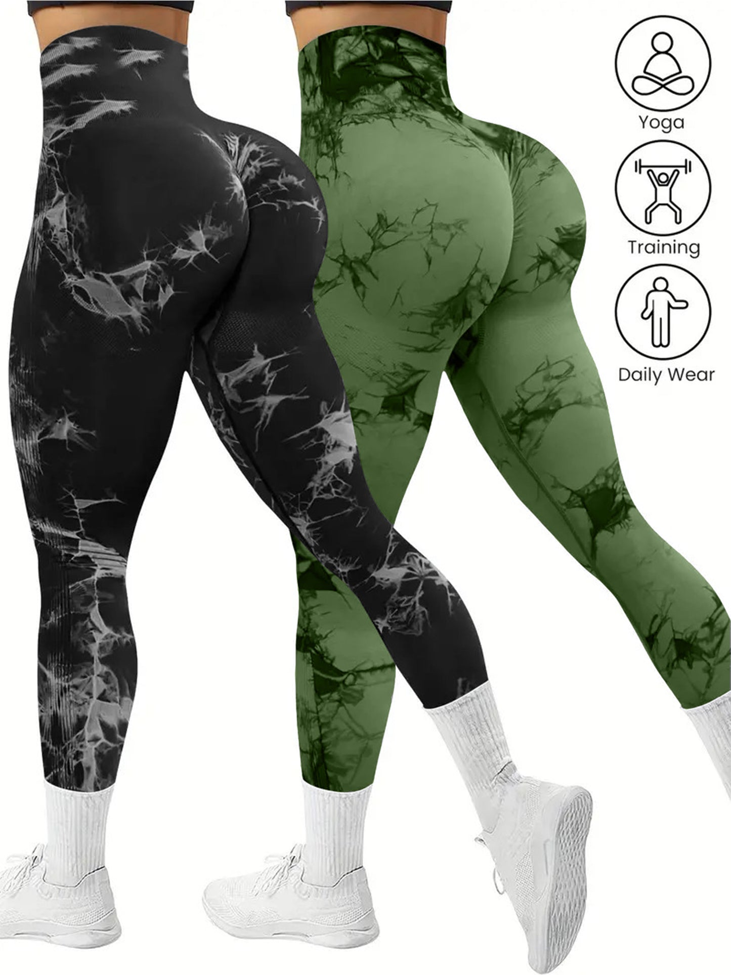 2 PK Women's High Waist Tie Dye Tummy Control Butt Lifting Leggings