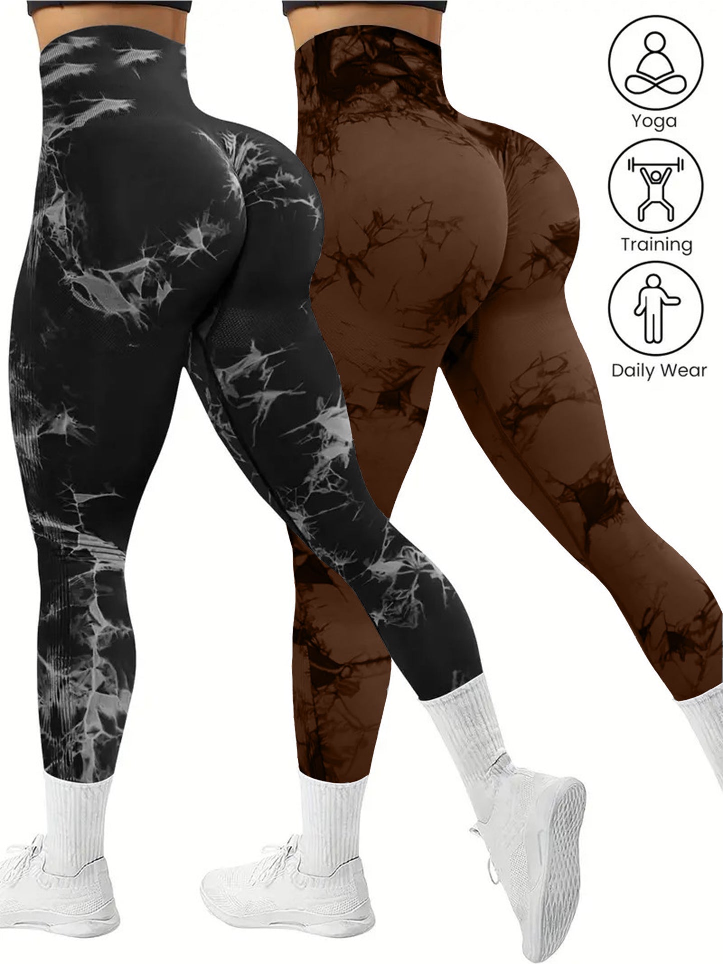 2 PK Women's High Waist Tie Dye Tummy Control Butt Lifting Leggings