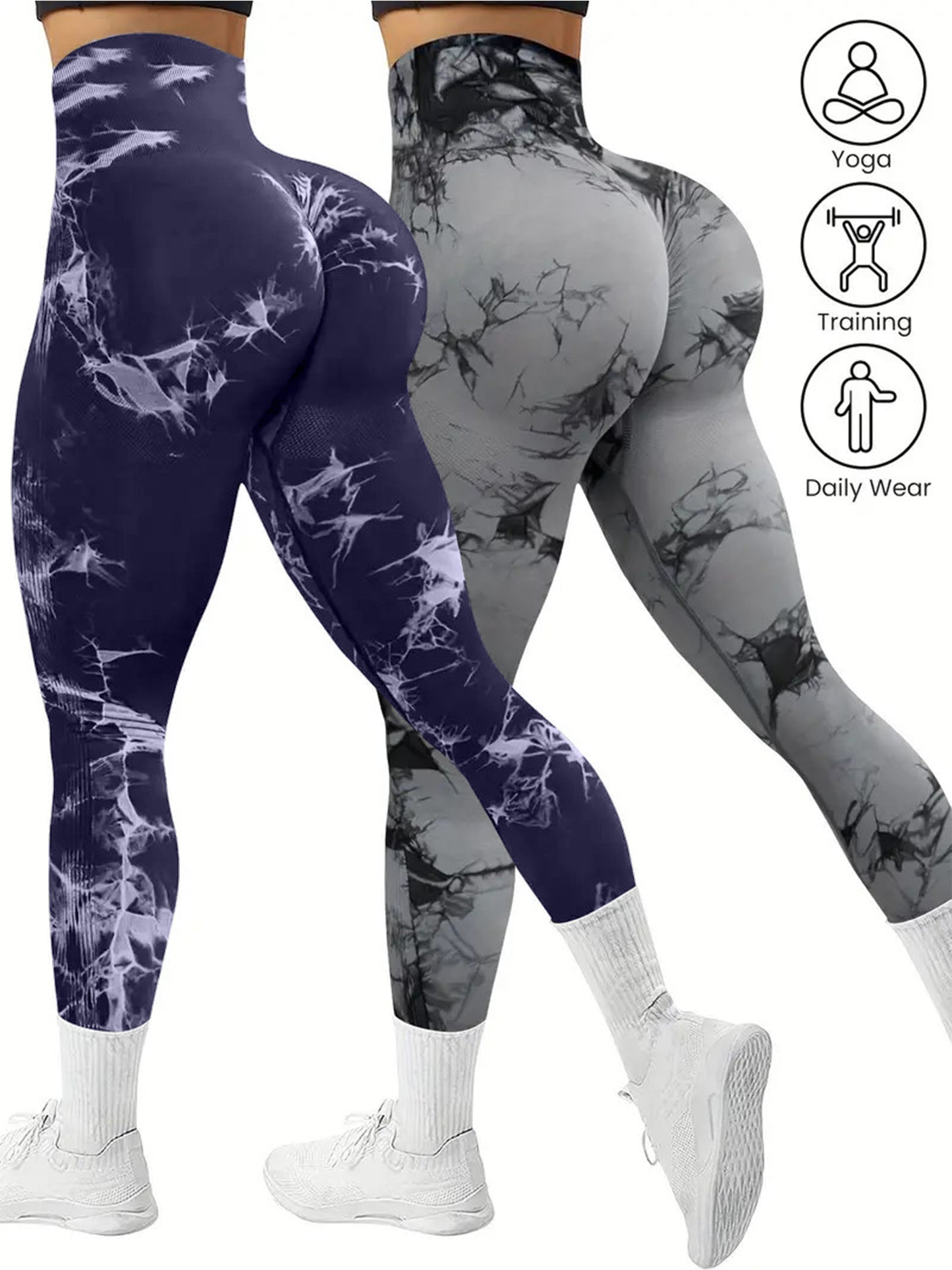 2 PK Women's High Waist Tie Dye Tummy Control Butt Lifting Leggings