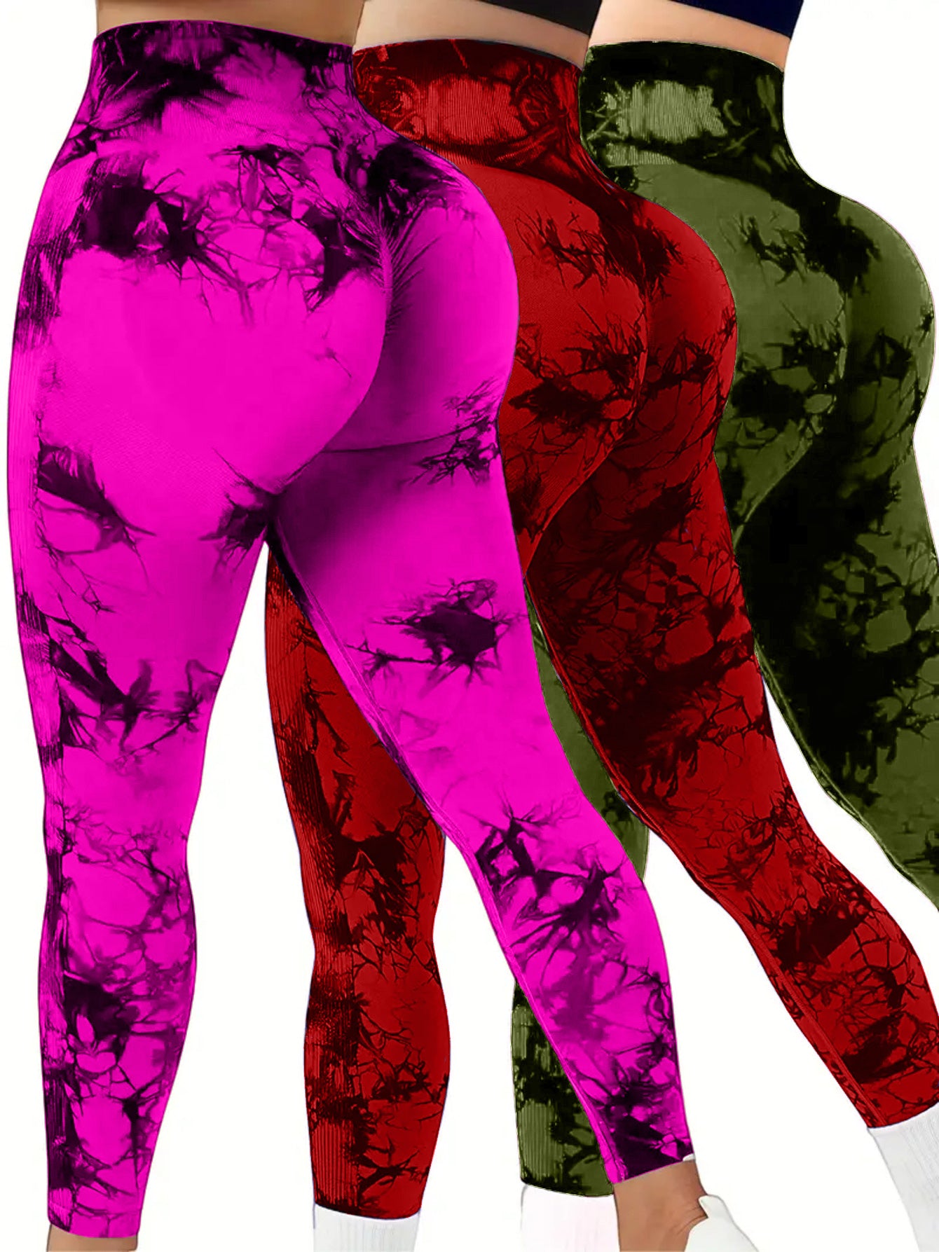 3 PK Women's High Waist Tummy Control Butt Lifting Tie Dye Leggings