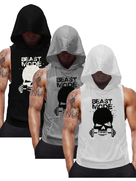 3pcs Men's Sleeveless Hooded Stringers Workout Tank Tops Skull Bodybuilding Workout Shirts-SNO-64