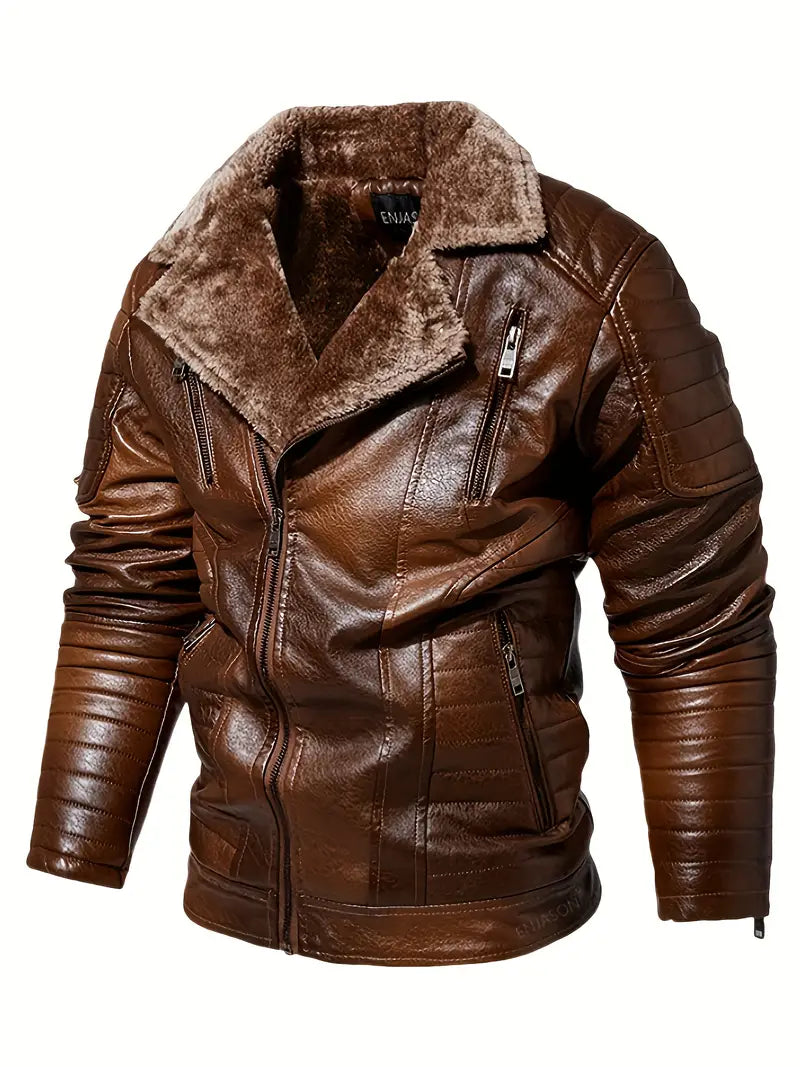 Men's Winter Velvet PU Leather Jacket Men's Fur Integrated Men's Leather Jacket Jacket Tough Guy Biker Jacket-SNO-71