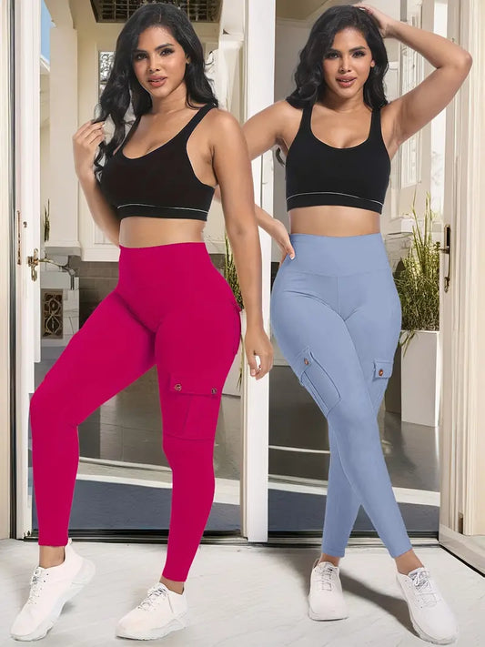 2-Pack High-Waisted Yoga - Tummy Control Leggings, Lifted Butt, 4 Buttoned Pockets, Moisture-Wicking, Breathable, Four-Way Stretch Fitness Pants for Running, Gym, and Yoga Enthusiasts-SNO-45