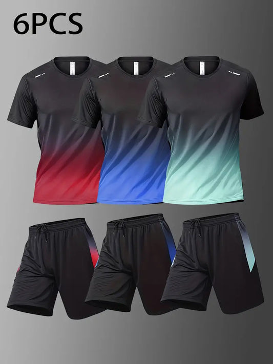 6-piece Combo Men's Summer Basketball Training Running Set, Gradient Short Sleeve T-shirt And Quick-drying Shorts Set-SNO-60