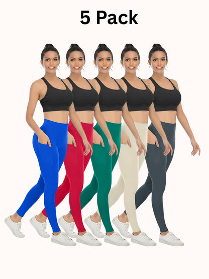 5 Pack Women's High Waisted Yoga Pants with Pockets, Ideal for Sports and Casual Clothing