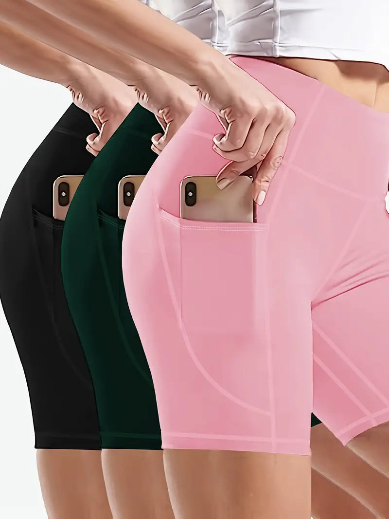 3-Pack High-Stretch Womens High-Waisted Yoga Shorts - Quick-Dry, Breathable, Compression Sportswear with Side Pockets for Outdoor Athletic Activities - Polyester Solid Color Knit Fabric, All-Season Wear, No Sheer, No Printing--SNO-32