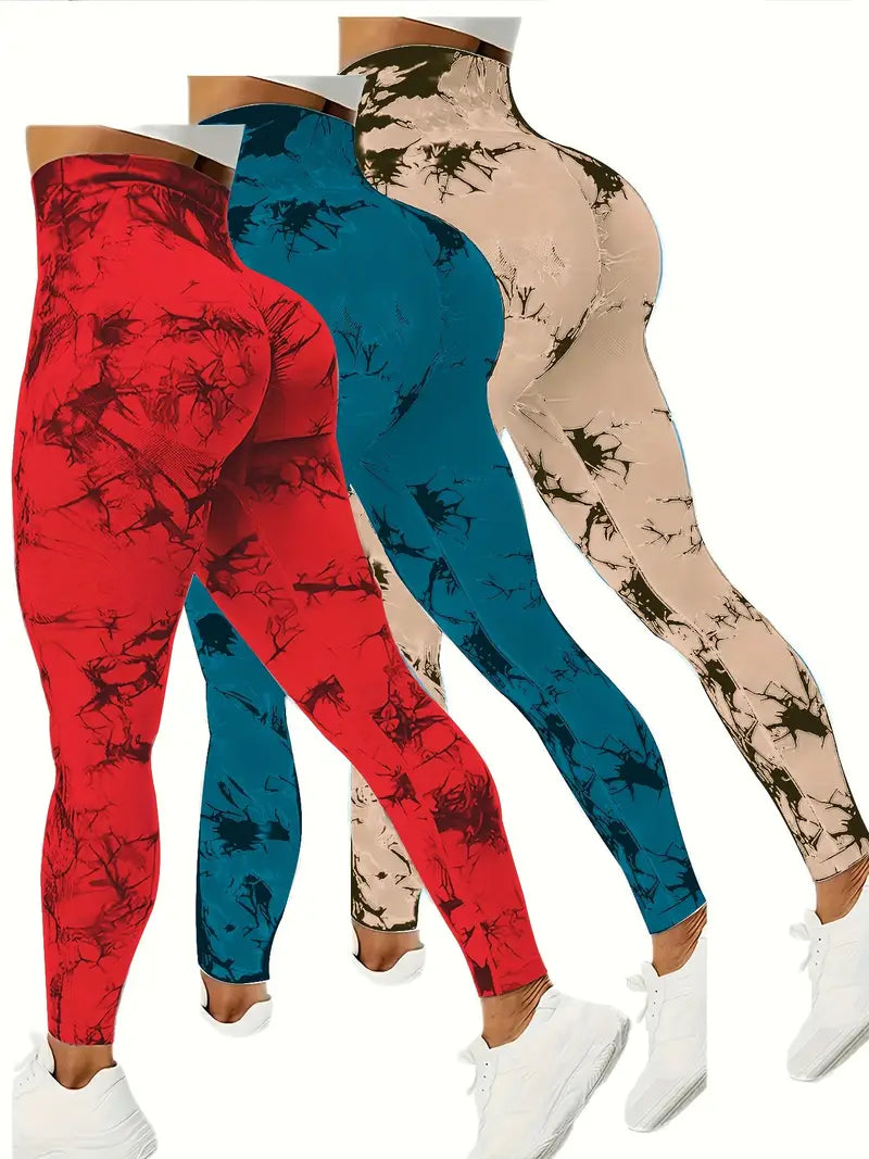 3 Pack Tie Dye Seamless High Waist Workout Leggings For Women, Scrunch Butt Lifting Yoga Gym Athletic Pants-SNO-12