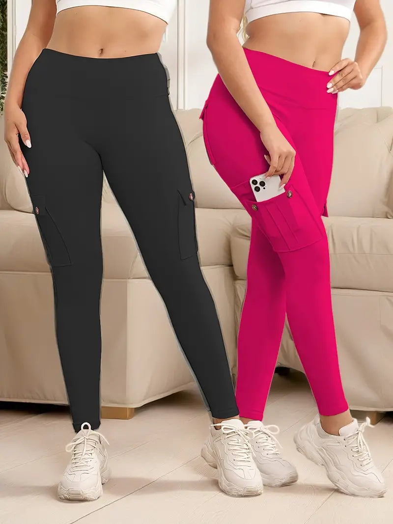 2-Pack High-Waisted Yoga - Tummy Control Leggings, Lifted Butt, 4 Buttoned Pockets, Moisture-Wicking, Breathable, Four-Way Stretch Fitness Pants for Running, Gym, and Yoga Enthusiasts-SNO-45