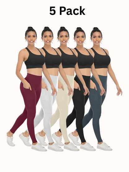 5 Pack Women's High Waisted Yoga Pants with Pockets, Ideal for Sports and Casual Clothing