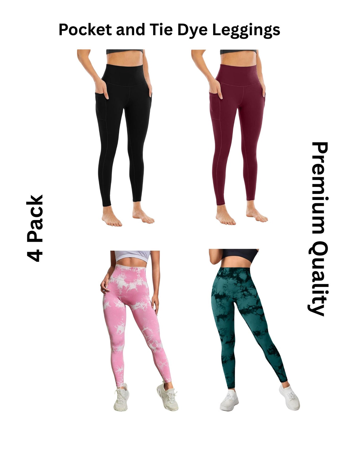 4 Pack Women's High Waisted Tie Dye and Pocket Leggings, Ideal for Sports and Casual Clothing