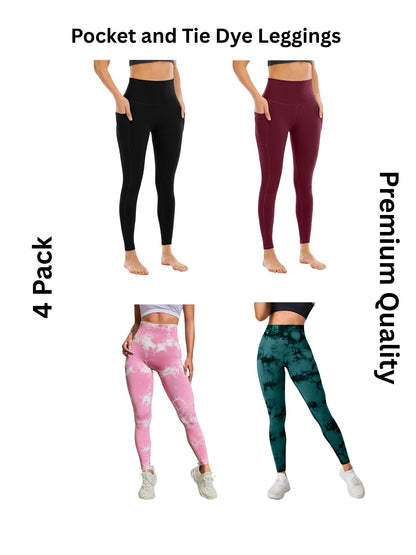 4 Pack Women's High Waisted Tie Dye and Pocket Leggings, Ideal for Sports and Casual Clothing