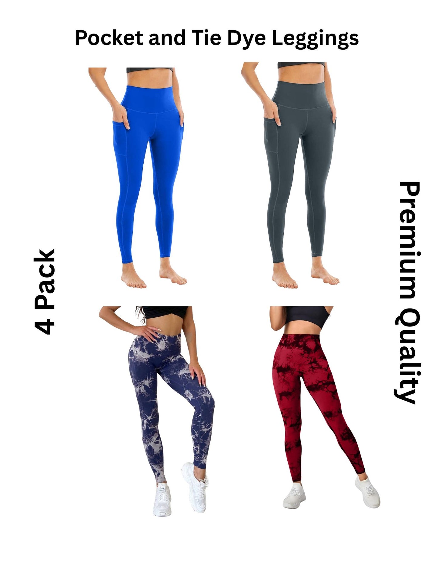 4 Pack Women's High Waisted Tie Dye and Pocket Leggings, Ideal for Sports and Casual Clothing