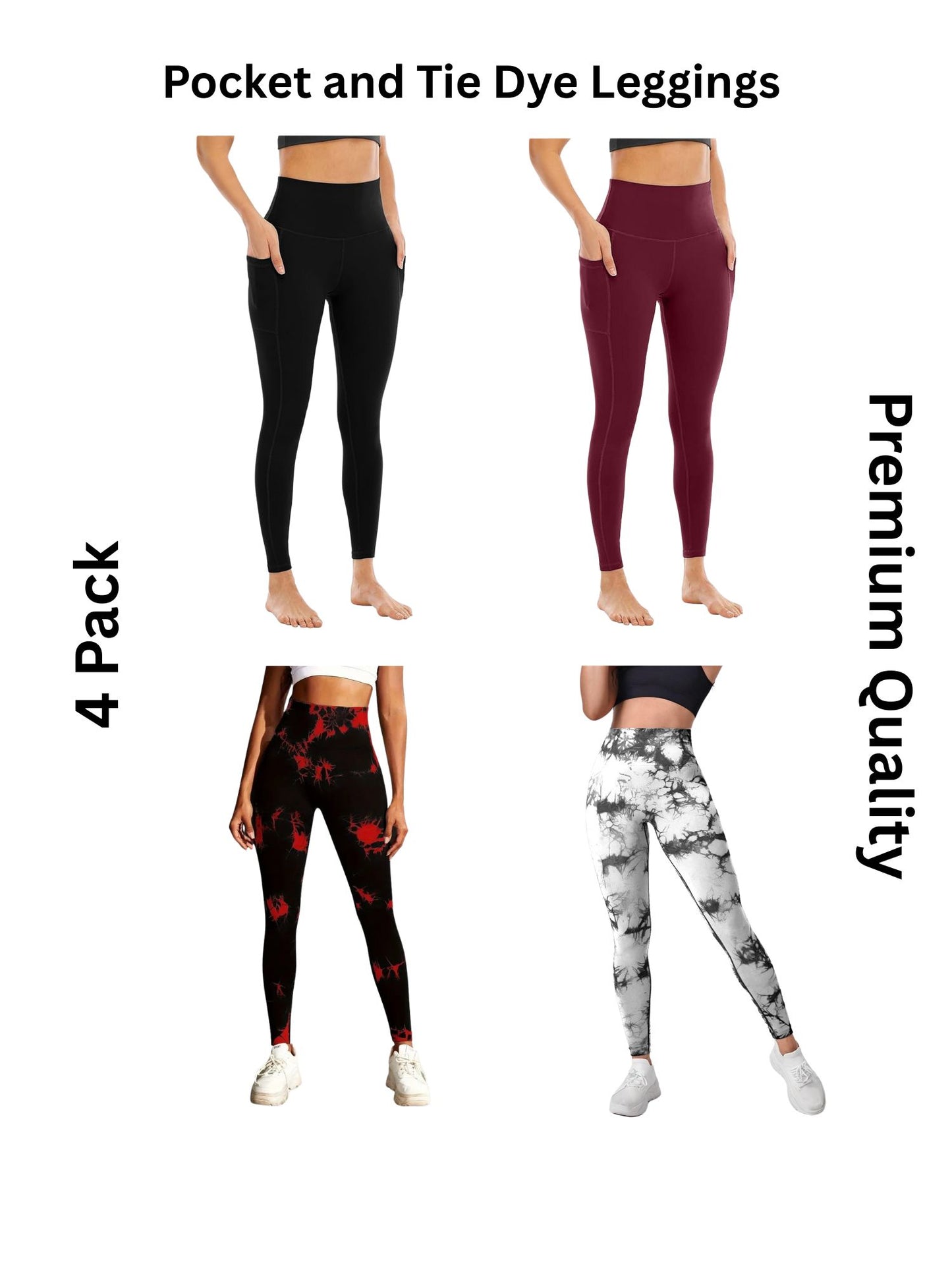 4 Pack Women's High Waisted Tie Dye and Pocket Leggings, Ideal for Sports and Casual Clothing