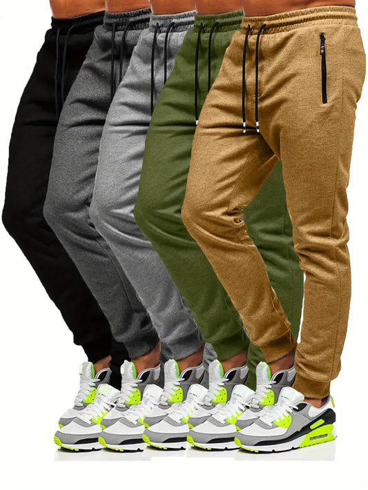 5 Pcs Men Jogger Cotton Sweatpants Slim Fit Elastic Drawstring Zipped Pockets Pants Sports Apparel for Gym Running Workout-SNO-84