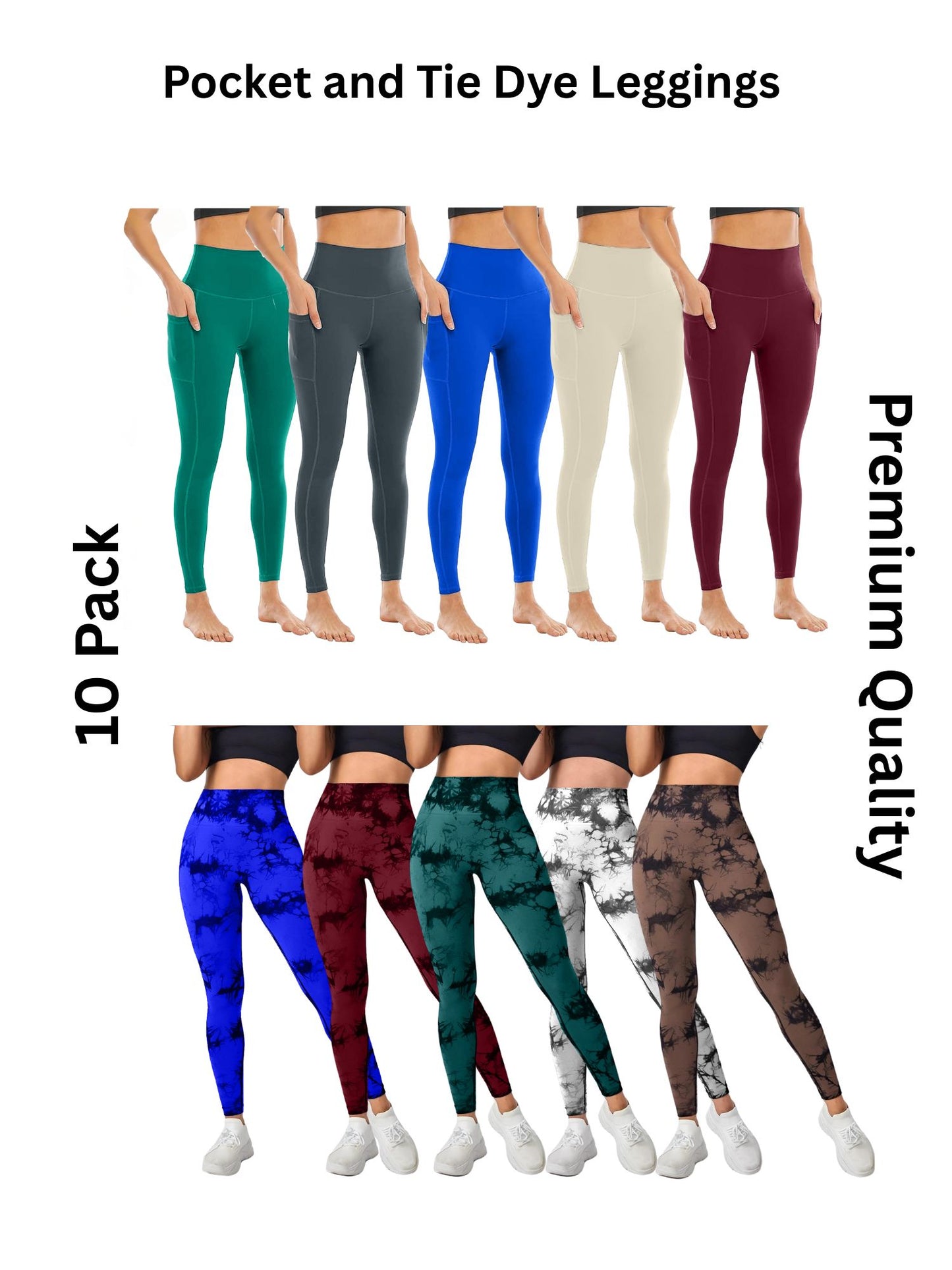 10 Pack Women's High Waisted Tie Dye and Pocket Leggings, Ideal for Sports and Casual Clothing