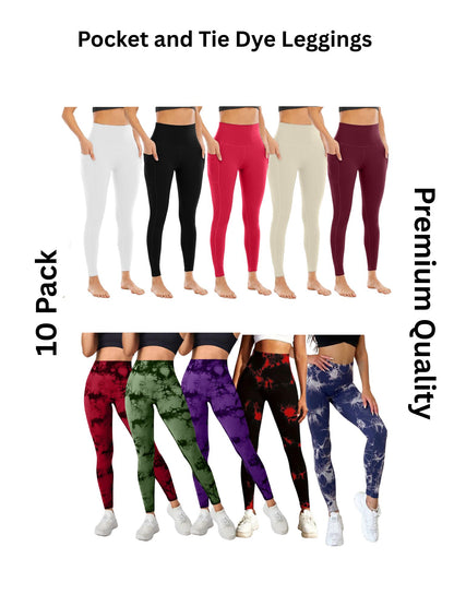 10 Pack Women's High Waisted Tie Dye and Pocket Leggings, Ideal for Sports and Casual Clothing
