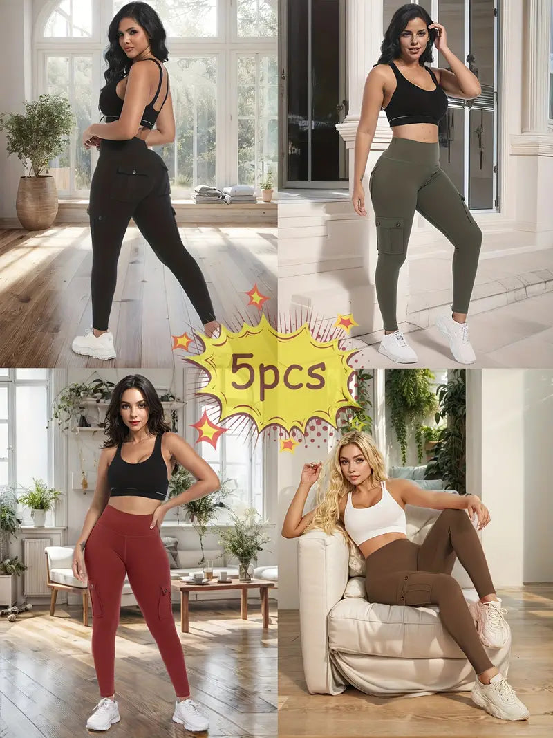 5-Packs High Waist Yoga Leggings With 4 Button Pockets, Multipack Butt Lifting Tummy Control Workout Running 4 Way Stretch Cargo Sports Pants, 5pcs Leggings Set-SNO-46