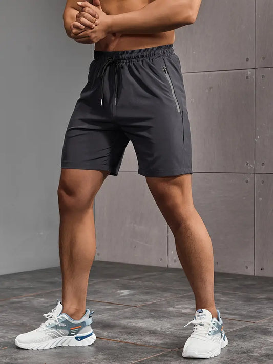 Men's Solid Color Regular Fit Shorts With Drawstring And Dual Zippered Front Pockets, Casual And Quick Dry Sports Shorts Suitable For Summer Fitness And Outdoors Activities-SNO-76