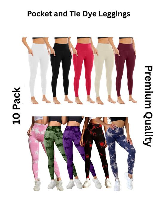 10 Pack Women's High Waisted Tie Dye and Pocket Leggings, Ideal for Sports and Casual Clothing
