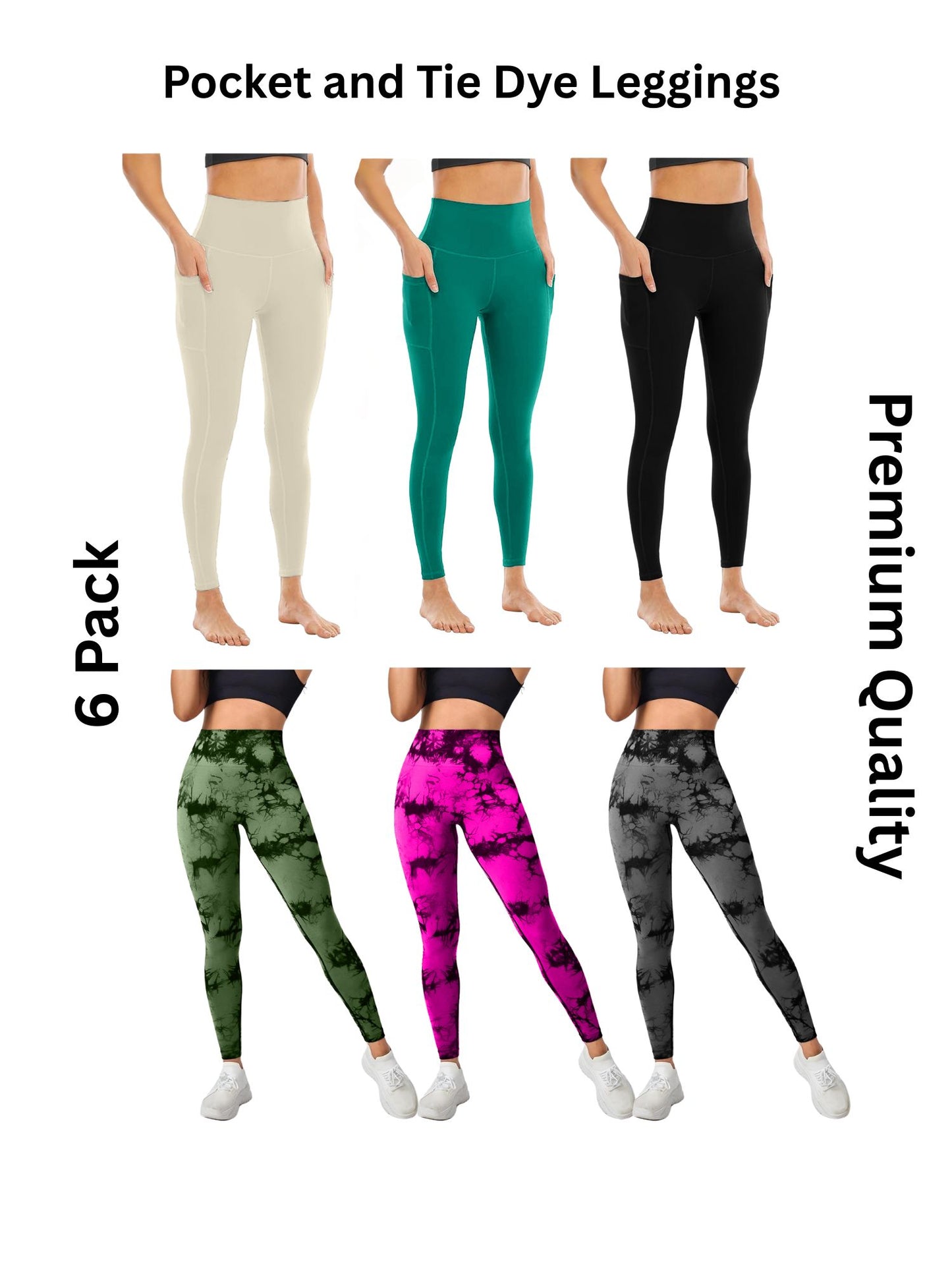 6 Pack Women's High Waisted Tie Dye and Pocket Leggings, Ideal for Sports and Casual Clothing