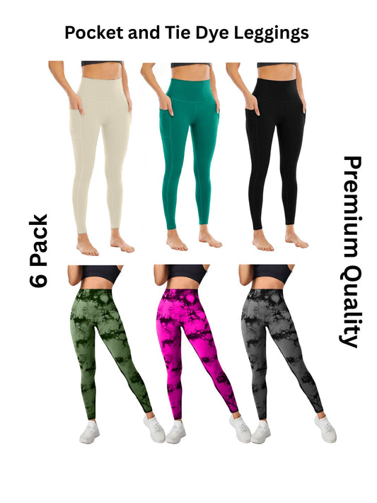 6 Pack Women's High Waisted Tie Dye and Pocket Leggings, Ideal for Sports and Casual Clothing