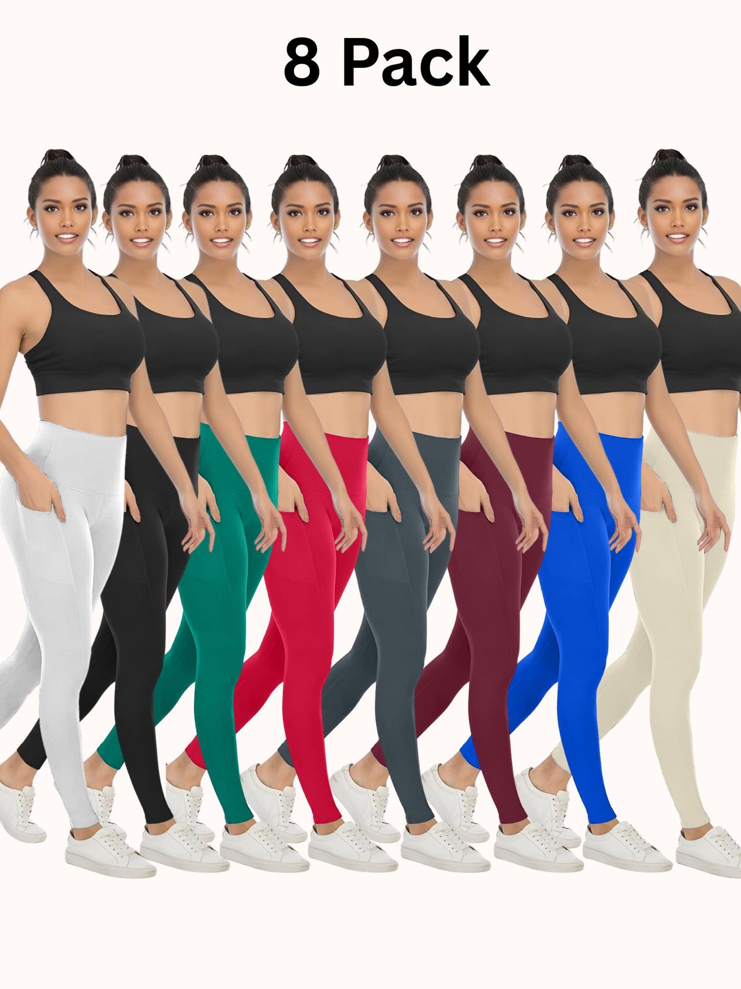 8 Pack Women's High Waisted Yoga Pants with Pockets, Ideal for Sports and Casual Clothing