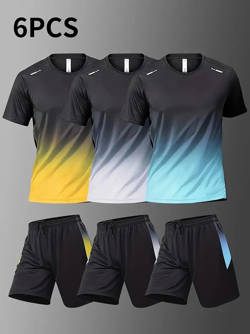 6-piece Combo Men's Summer Basketball Training Running Set, Gradient Short Sleeve T-shirt And Quick-drying Shorts Set-SNO-60