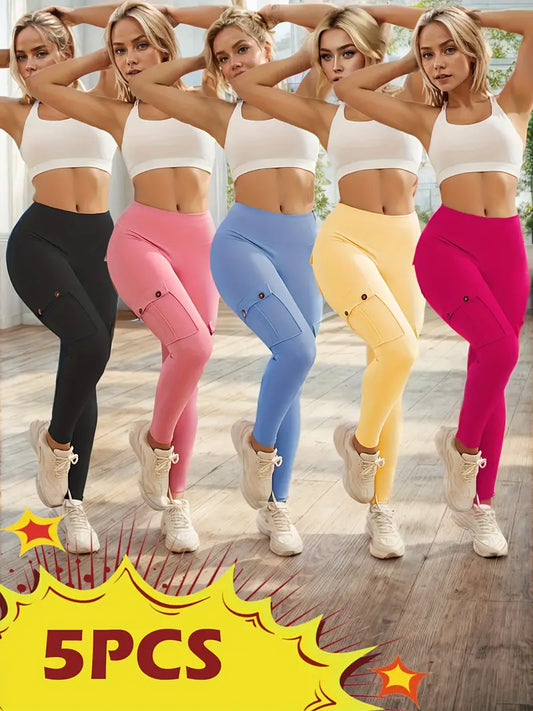 5-Packs High Waist Yoga Leggings With 4 Button Pockets, Multipack Butt Lifting Tummy Control Workout Running 4 Way Stretch Cargo Sports Pants, 5pcs Leggings Set-SNO-46