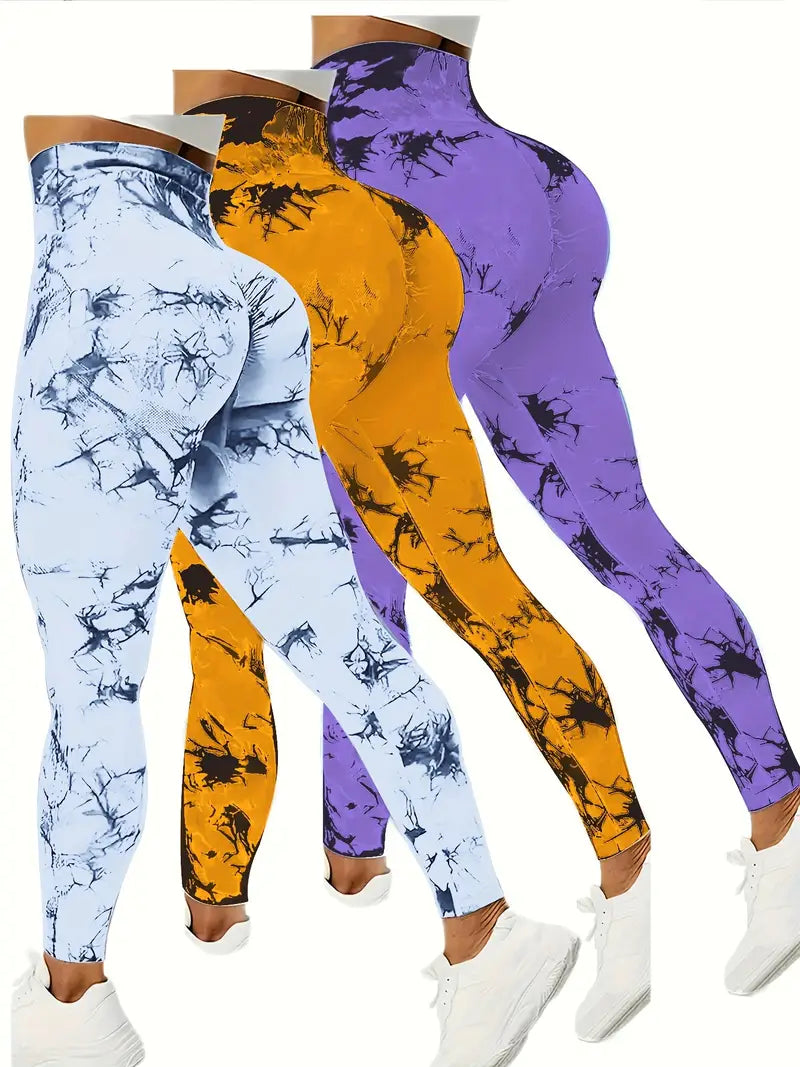 3 Pack Tie Dye Seamless High Waist Workout Leggings For Women, Scrunch Butt Lifting Yoga Gym Athletic Pants-SNO-12