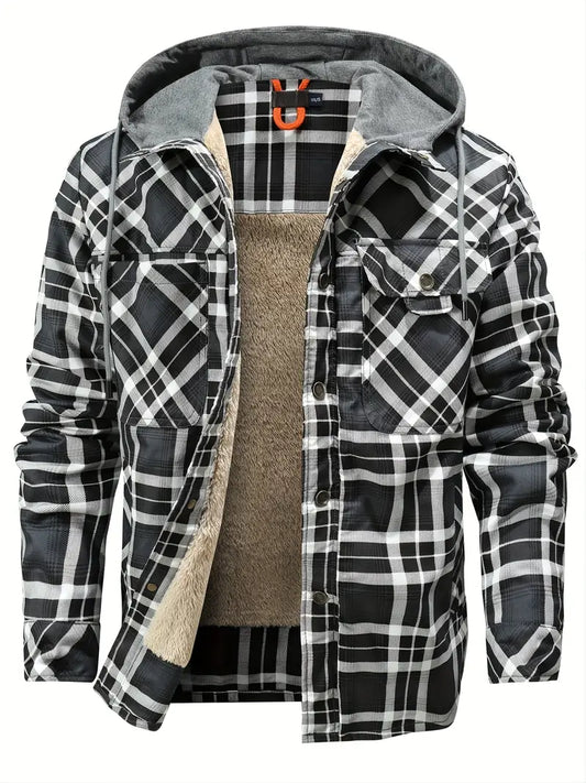 Mens Plaid Quilted Hooded Jacket with Luxurious Sherpa Lining - Stylish Casual Button Down Design - Ultra-Cozy Fleece Winter Coat for Premium Warmth and Fashionable Outerwear-SNO-82