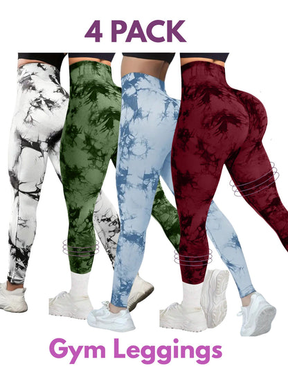 4 PK Women's High Waist Tummy Control Butt Lifting Tie Dye Gym and Regular Wear Leggings